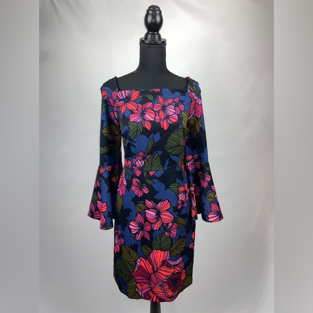 Dress Floral Pink Navy Blue Red Green Size 8 Trina Turk Belle Sleeves